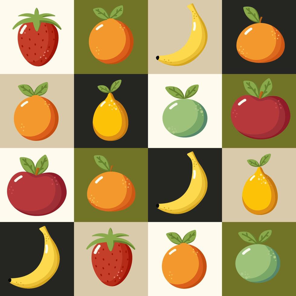 Colorful illustration of various fruits arranged in a grid pattern on a neutral background vector