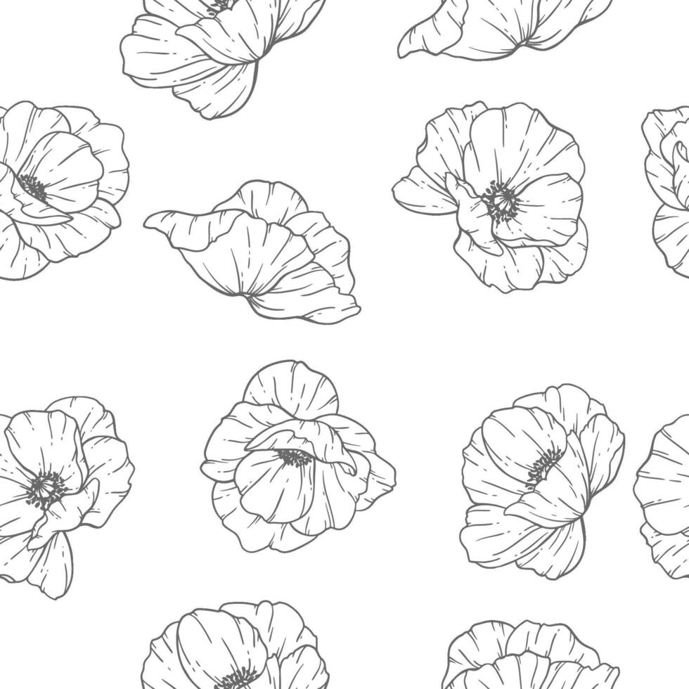 Minimalist Floral seamless pattern. Poppy background. Eco friendly background. Poppy flowers and greenery hand drawn line art design. Elegant seamless background endless pattern minimalist style vector