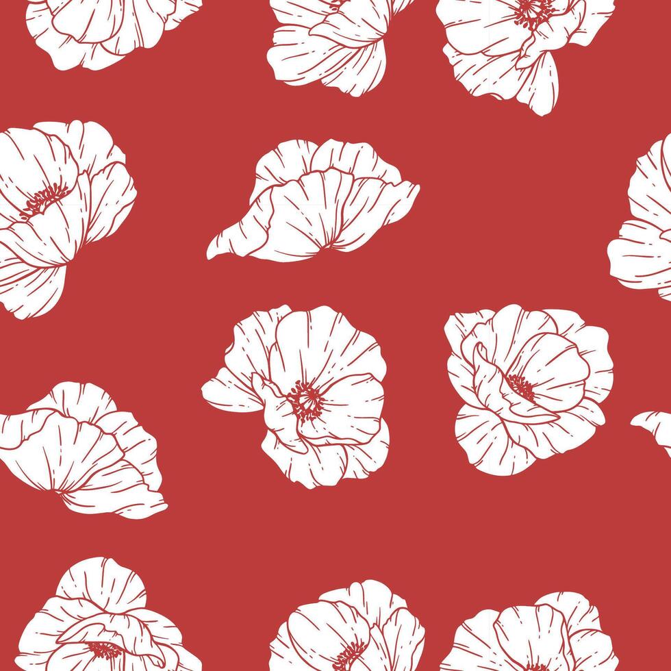 Elegant Floral seamless pattern. Red Poppy background. Eco friendly background. Poppy flowers and greenery hand drawn line art design. Elegant seamless background endless pattern minimalist style vector