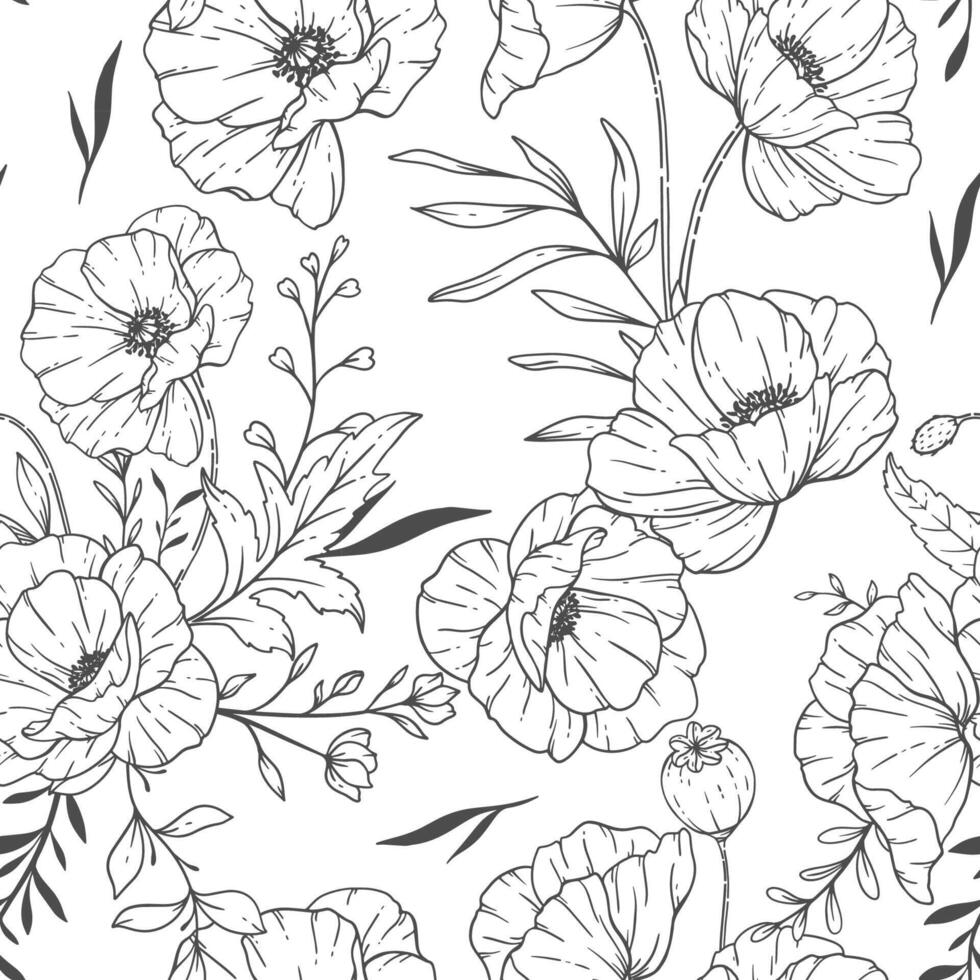 Modern Floral seamless pattern. Poppy background. Eco friendly background. Poppy flowers and greenery hand drawn line art design. Elegant seamless background endless pattern minimalist style vector