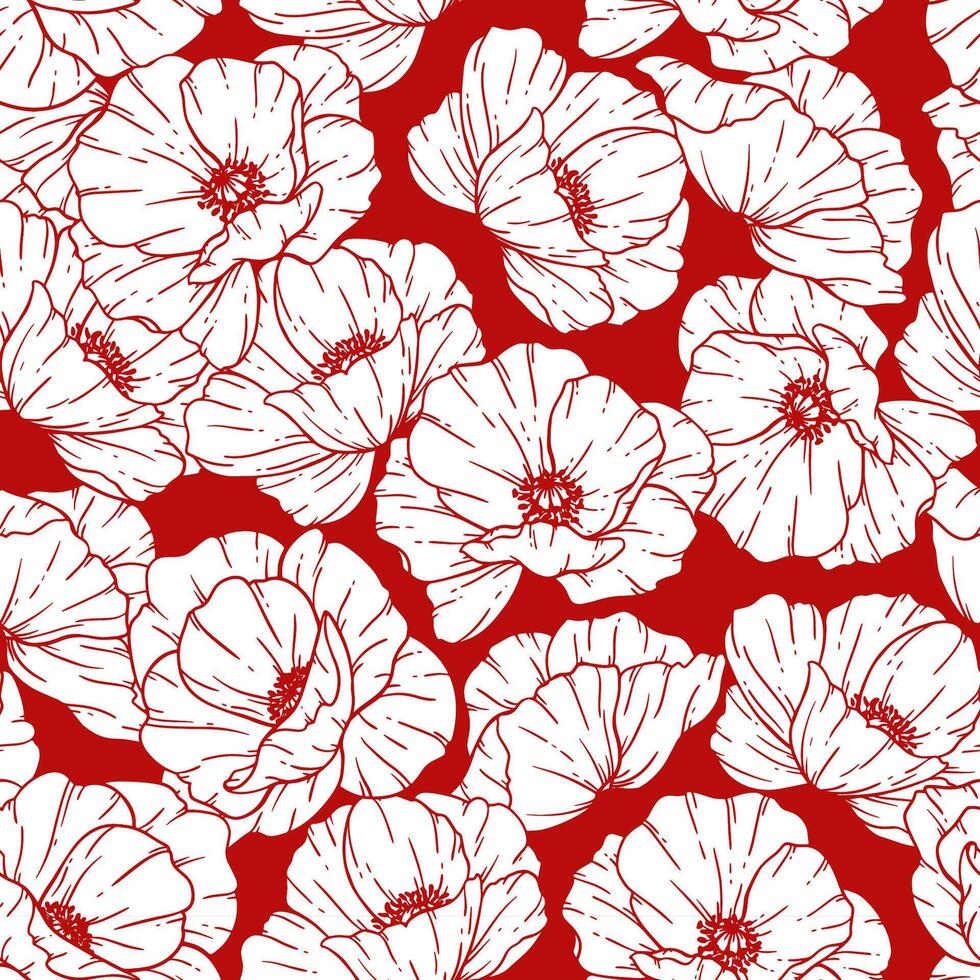 Red Floral seamless pattern. Poppy background. Eco friendly background. Poppy flowers and greenery hand drawn line art design. Elegant seamless background endless pattern minimalist style vector