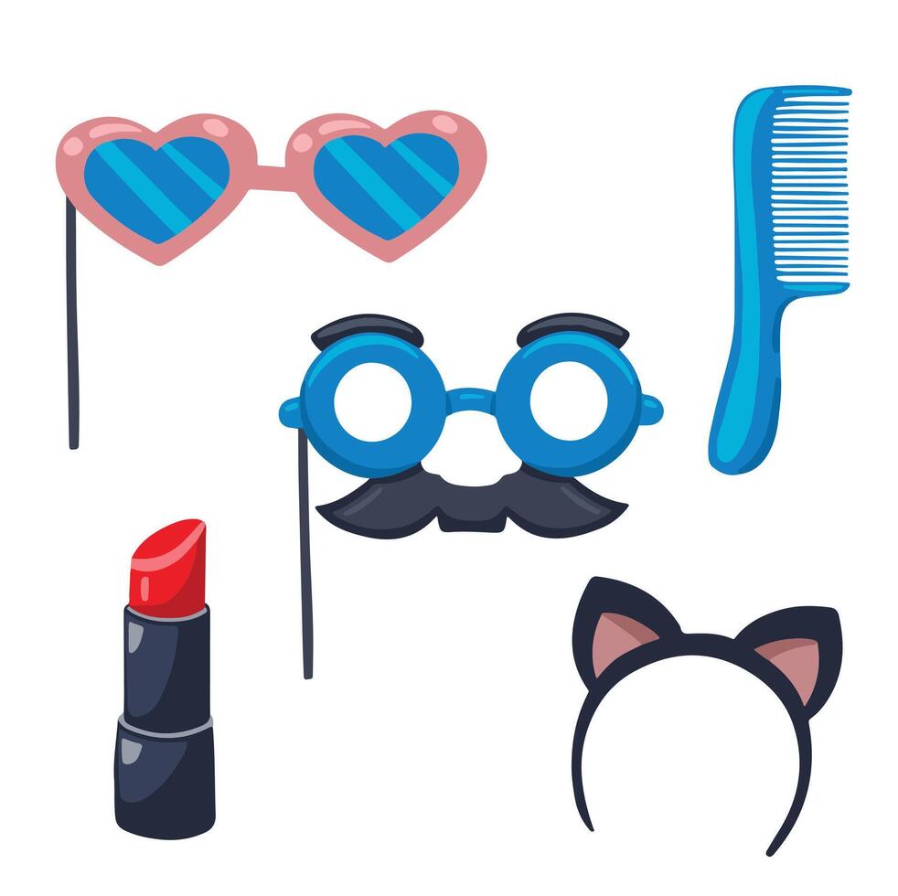 carnival set, cat ears, lipstick and glasses, hand drawn illustration vector