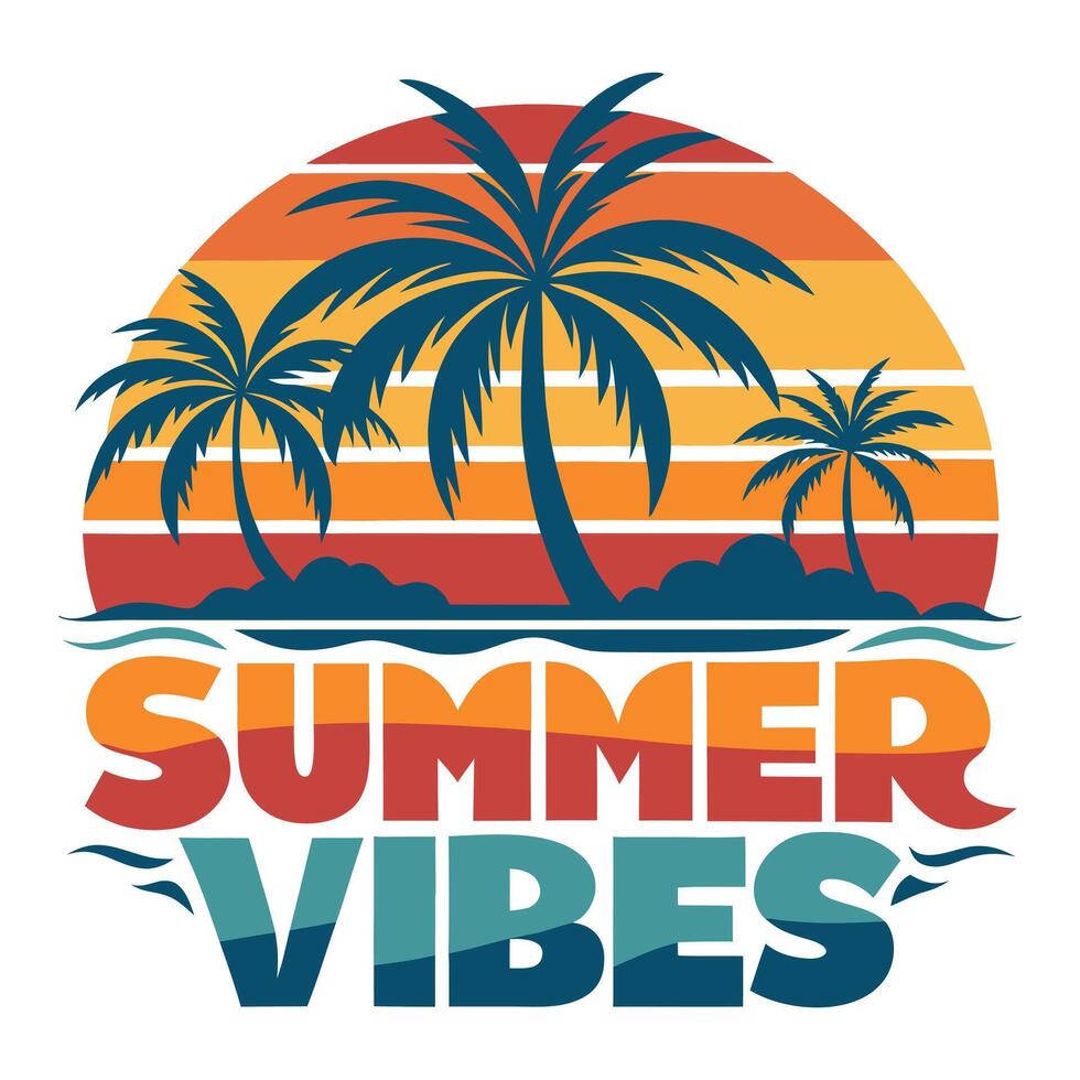 summer vibes logo with palm trees and sunset. vector