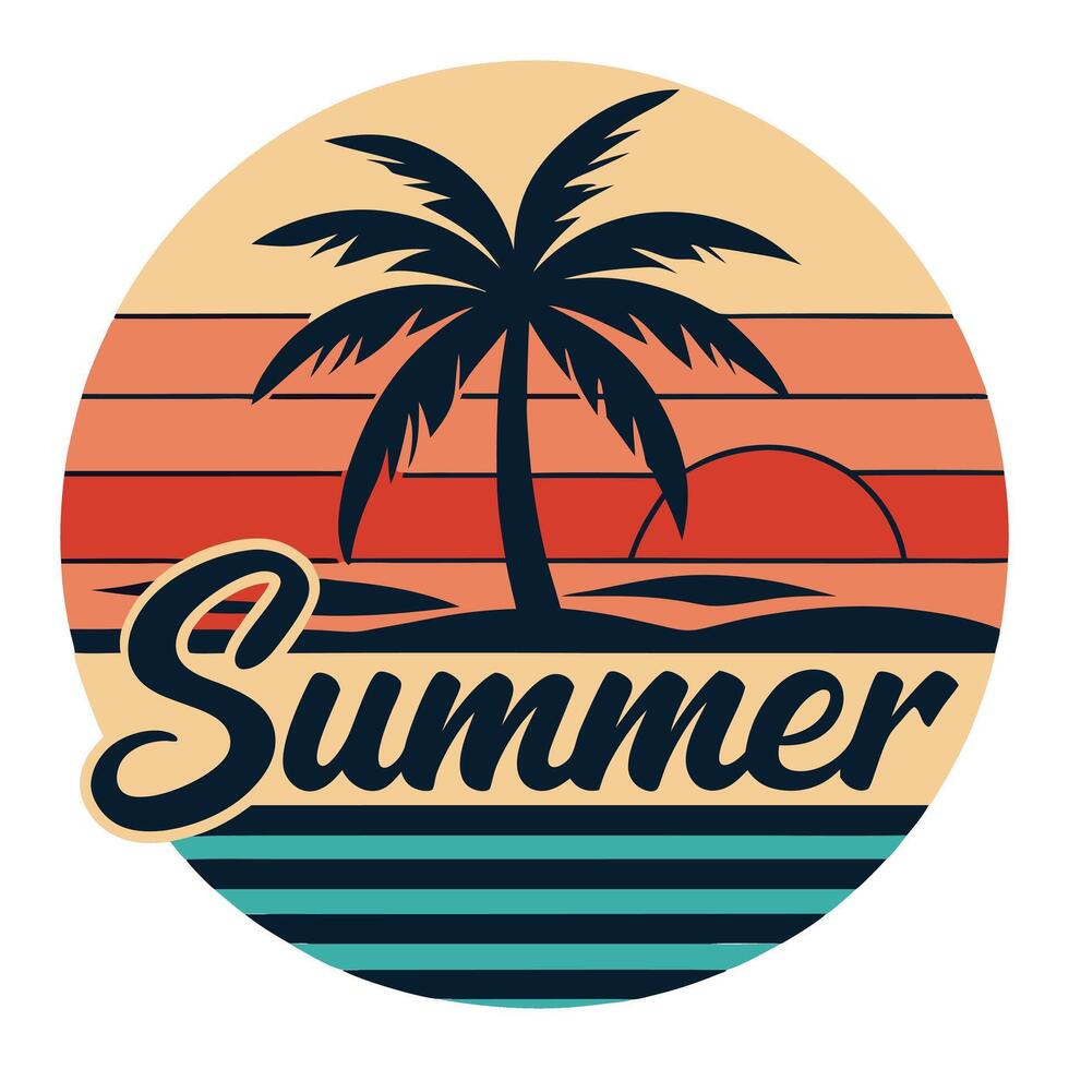 retro summer logo with palm tree and sunset vector
