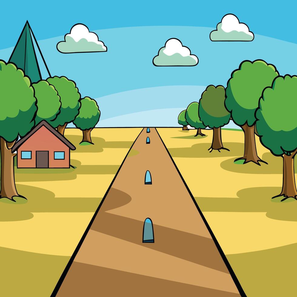 cartoon road with trees and houses in the background vector