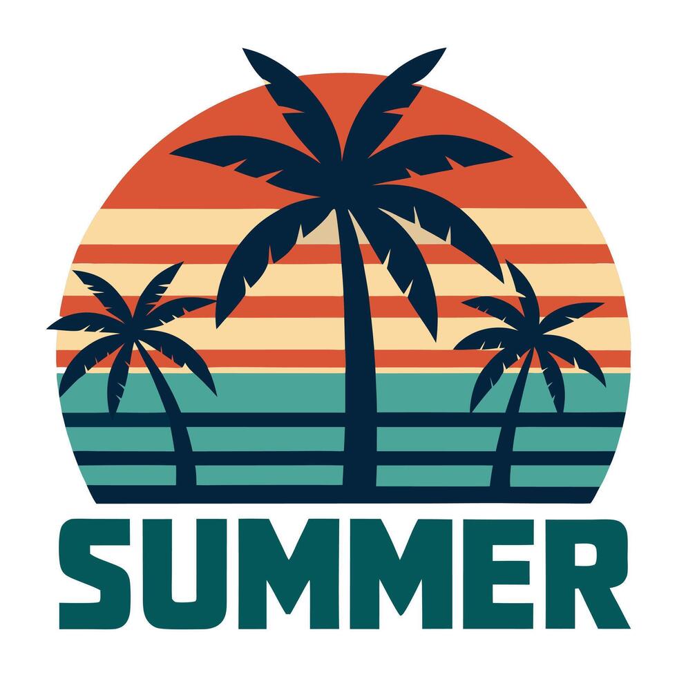 summer logo with palm trees and sunset vector