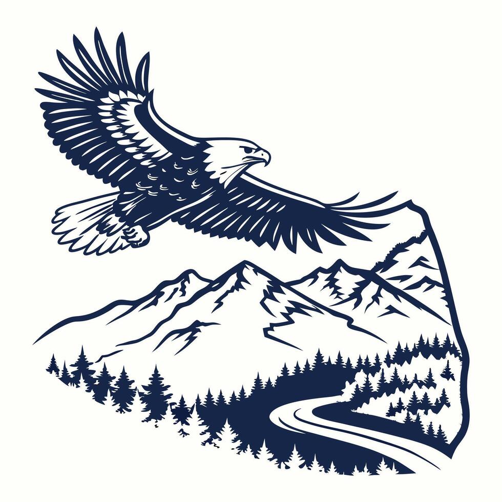 an eagle flying over mountains and trees vector