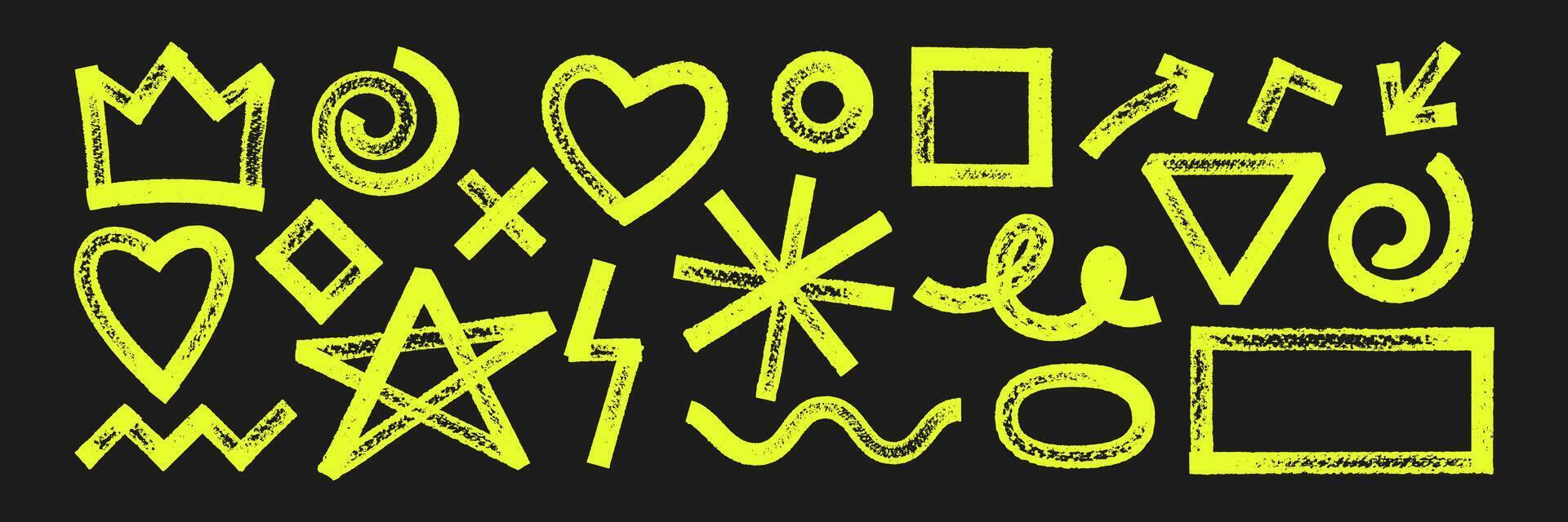 Set of geometric shapes with brush, crayon or marker texture. Crown, heart, star and rectangle with sketch lines. Yellow illustration on a white blackboard. vector