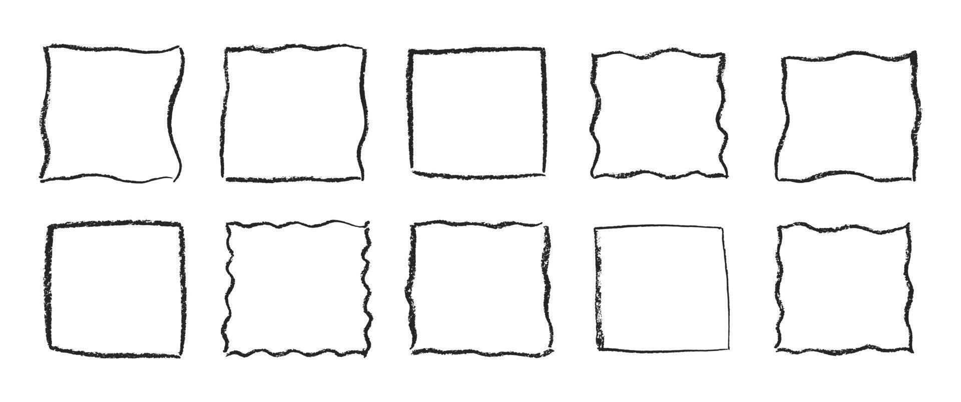 Set of hand drawn outline square frame boxes with crayon, pastel or chalk texture. Grunge doodle shapes. Black wave and curly illustration. vector