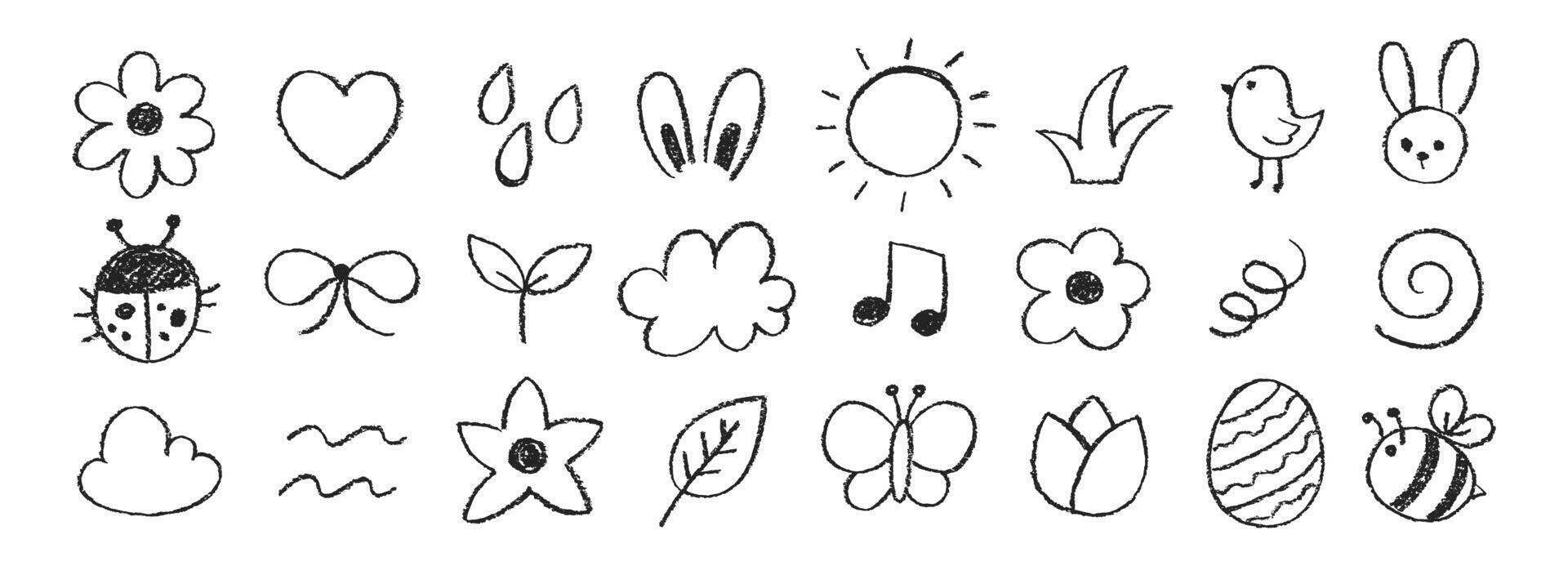 Set of elements of spring with crayon, chalk or pastel texture. Flower, butterfly, egg, bunny illustration painted by pastel or pencil. Doodle illustration on a white background. vector