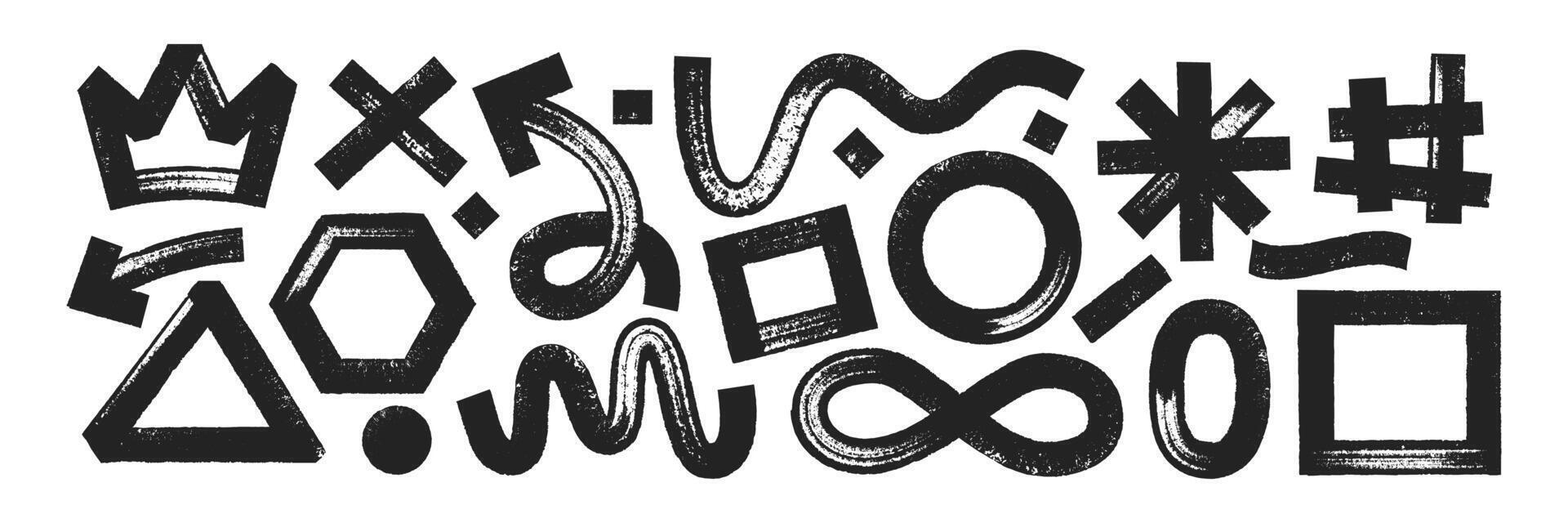 Set of geometric shapes with brush, crayon or marker texture. Crown, heart, infinity and rectangle with sketch lines. Black illustration isolated on a white background. vector