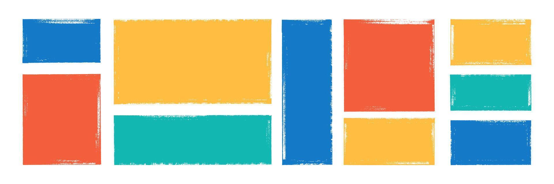 Set of grunge text boxes with brush, crayon or pastel texture. Rough rectangle elements for highlights. Color illustration on a white background. vector
