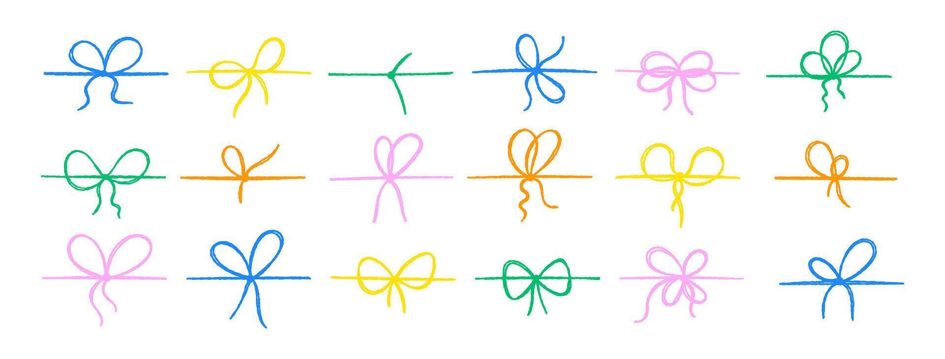 Set of cute bows with crayon, pastel or chalk texture. Outline sketch illustration. vector