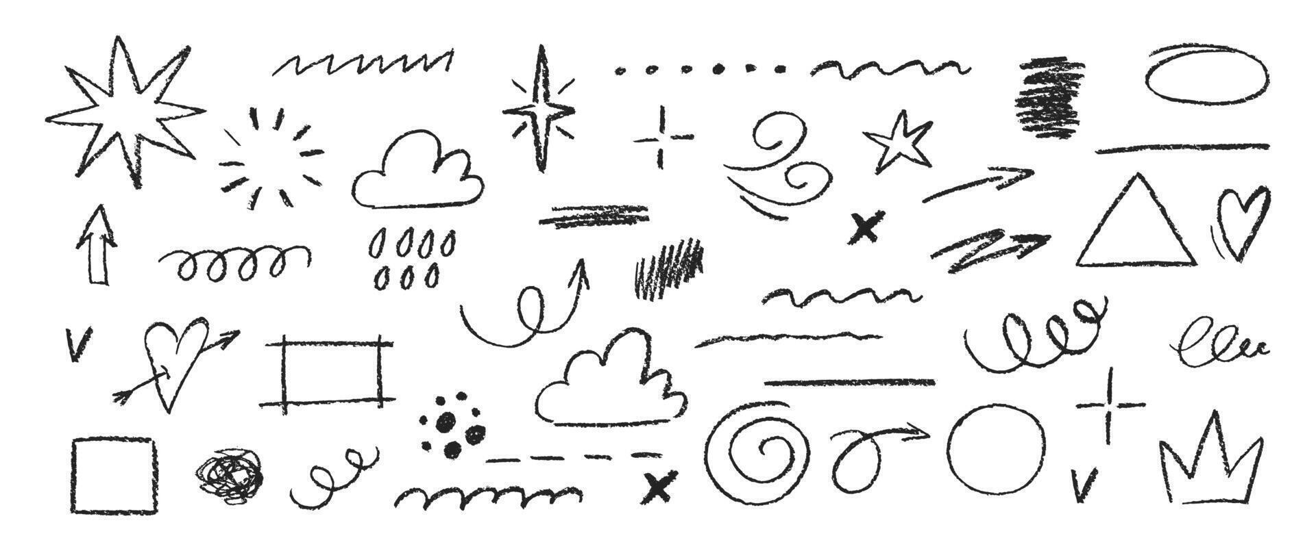 Set of doodle hand drawn elements for text with crayon or pastel texture. Arrows, shapes and frames. Chalk illustration. vector