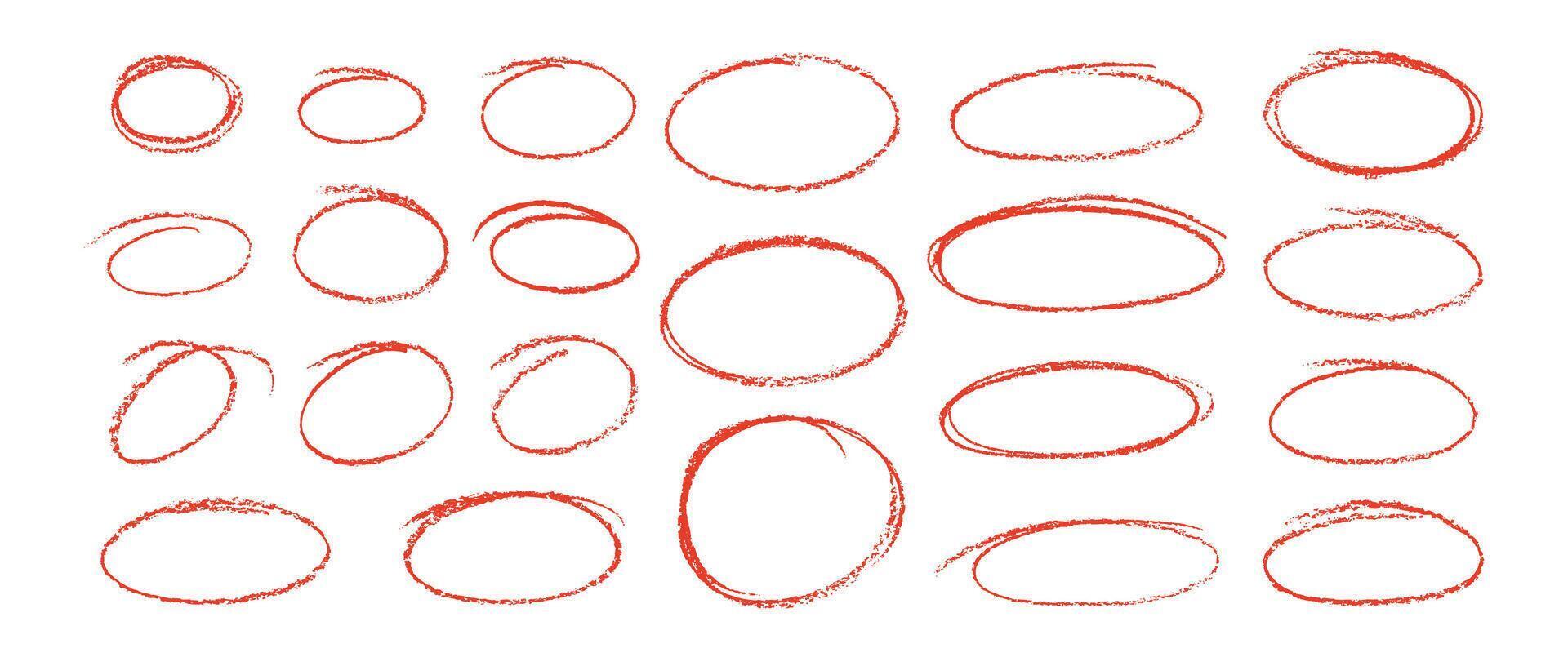 Set of red oval and circles with crayon, chalk or pastel texture. Freehand brush stroke highlight round, circular highlight frame element. illustration on a white background. vector