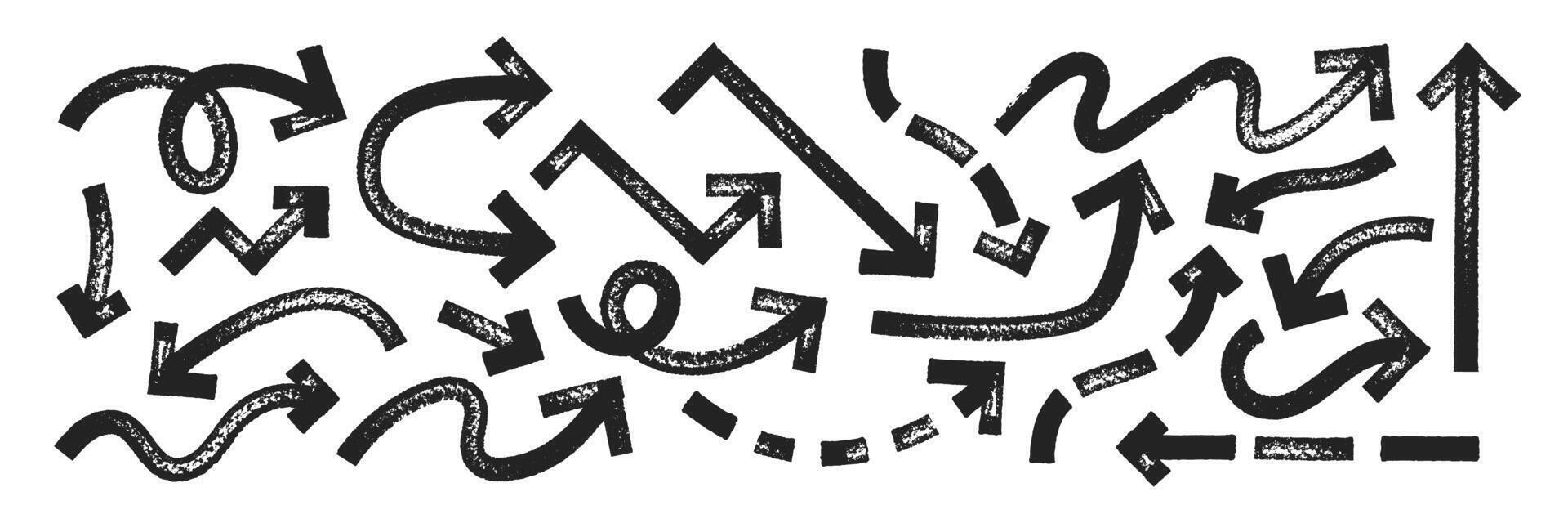 Set of doodle arrows with brush, crayon or marker texture. Elements of navigation or direction for design. Black illustration isolated on a white background. vector