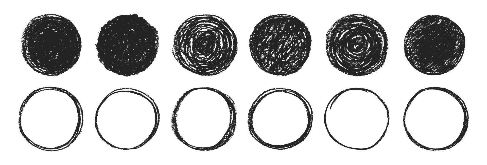 Scribble circle round frame with crayon or chalk texture. Hand drawn black coal objects for design use. illustration on a white background. vector