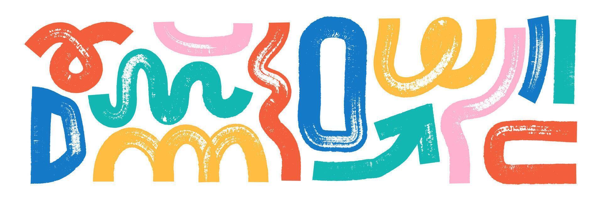 Set of abstract rough shapes with organic texture of brush, marker or crayon. Creative design elements in hand drawn style. Color illustration on a white background. vector