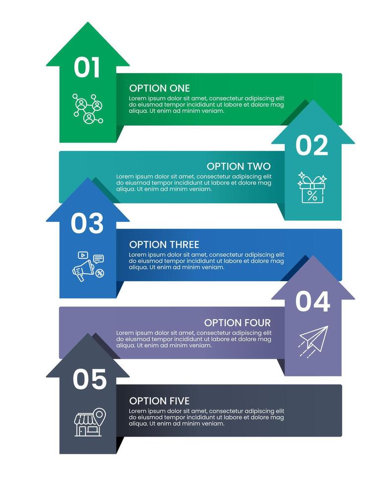 5 Steps or Options infographic arrow design. Presentation, Data, Report and Plan. vector