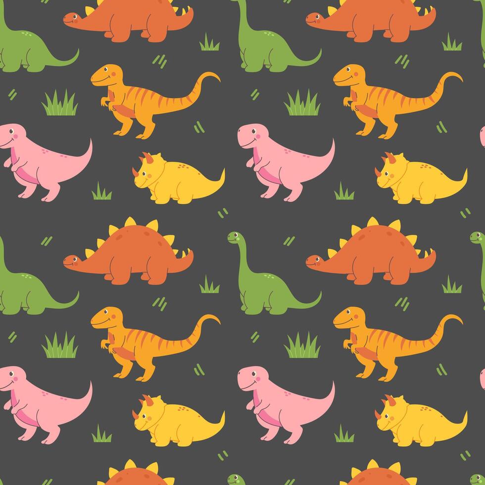 Cute hand drawn dinosaurs. Seamless pattern on dark background vector