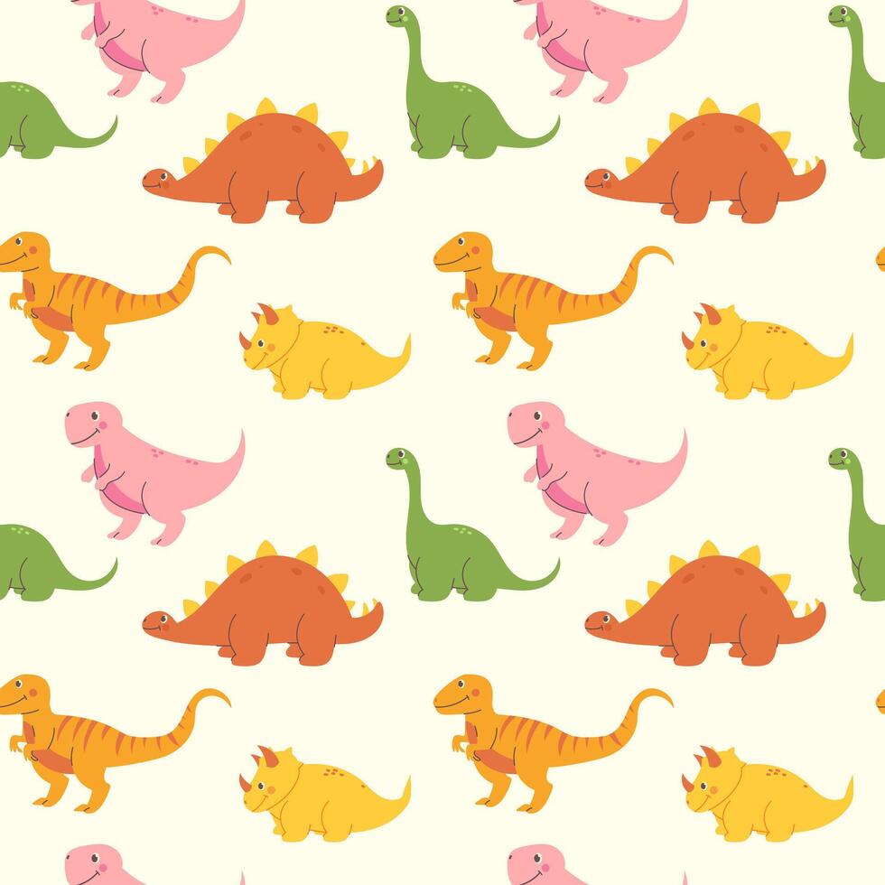 Cute hand drawn dinosaurs. Seamless pattern on light background vector