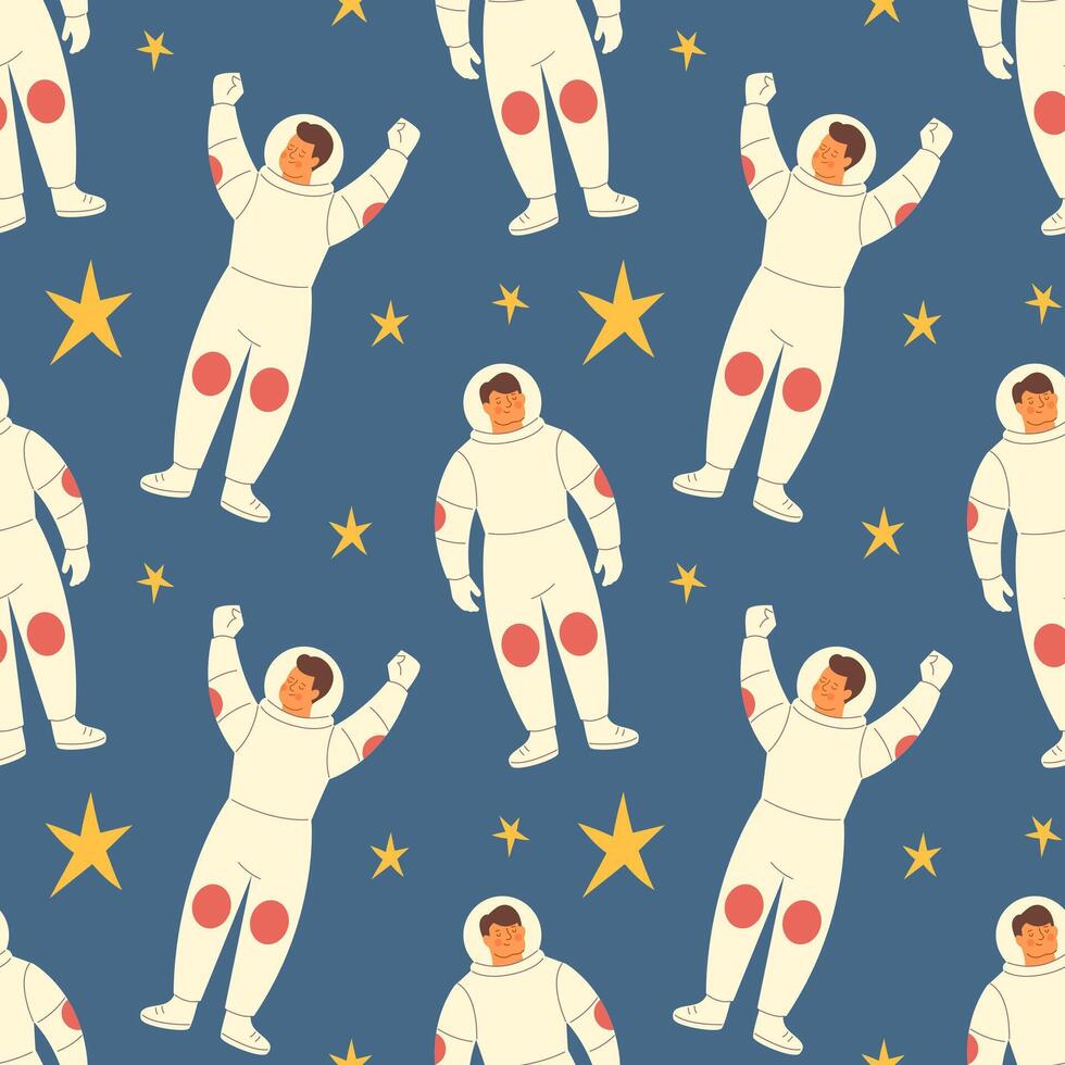 Seamless pattern with an astronaut in space among planets vector