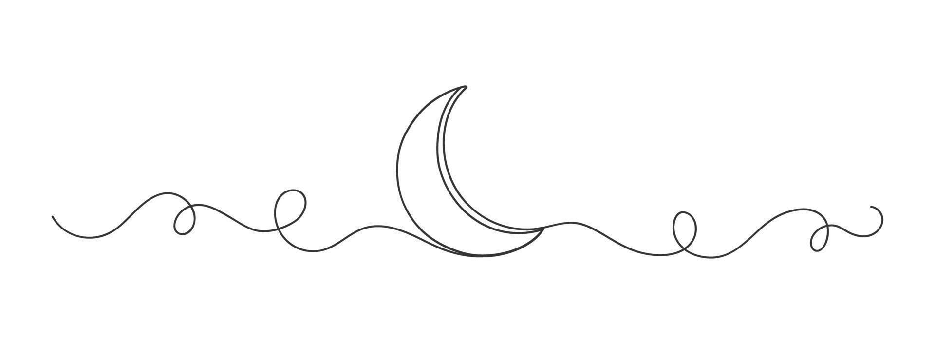 Continuous One Line Moon Islamic Style Isolated. vector