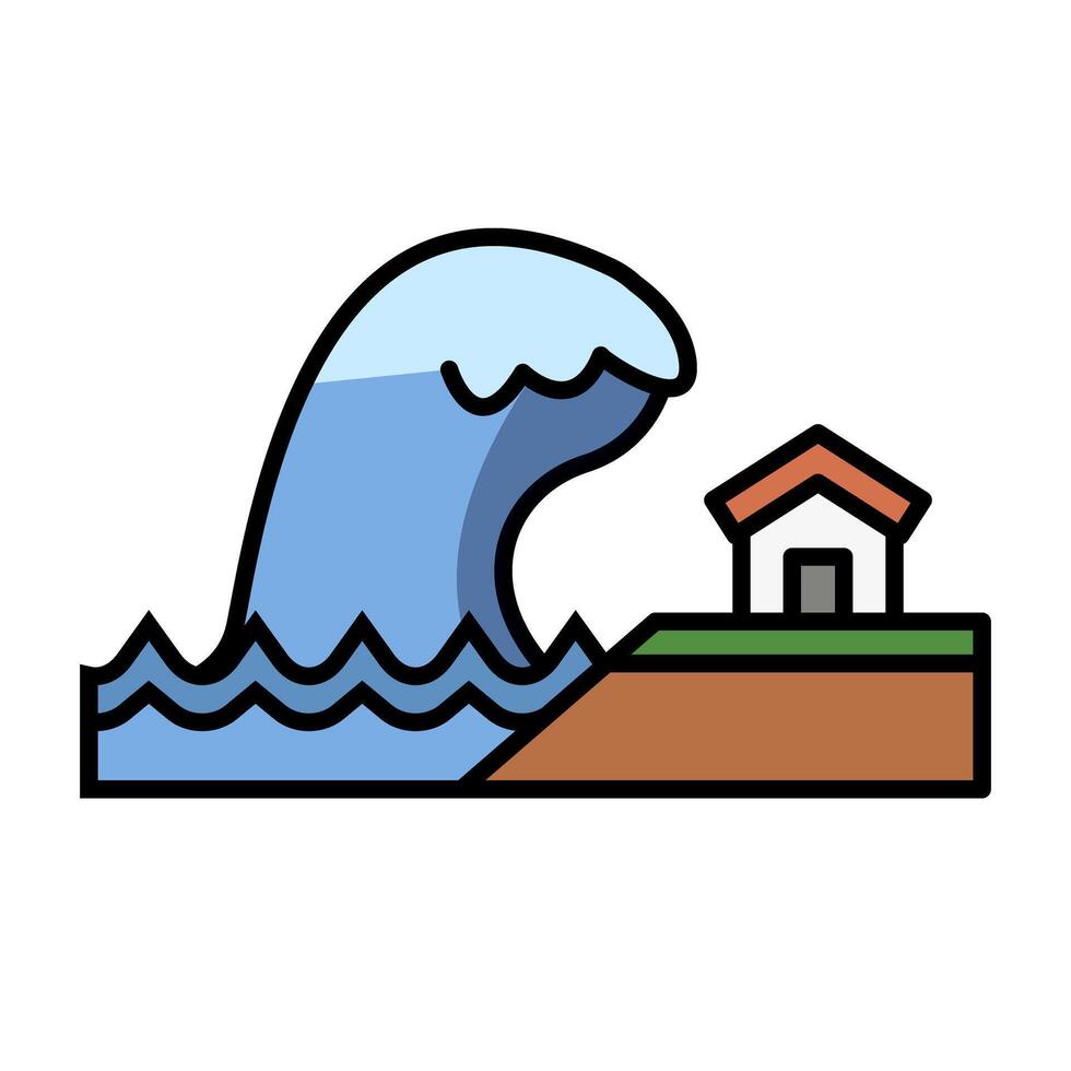 Giant tsunami and house icon. vector
