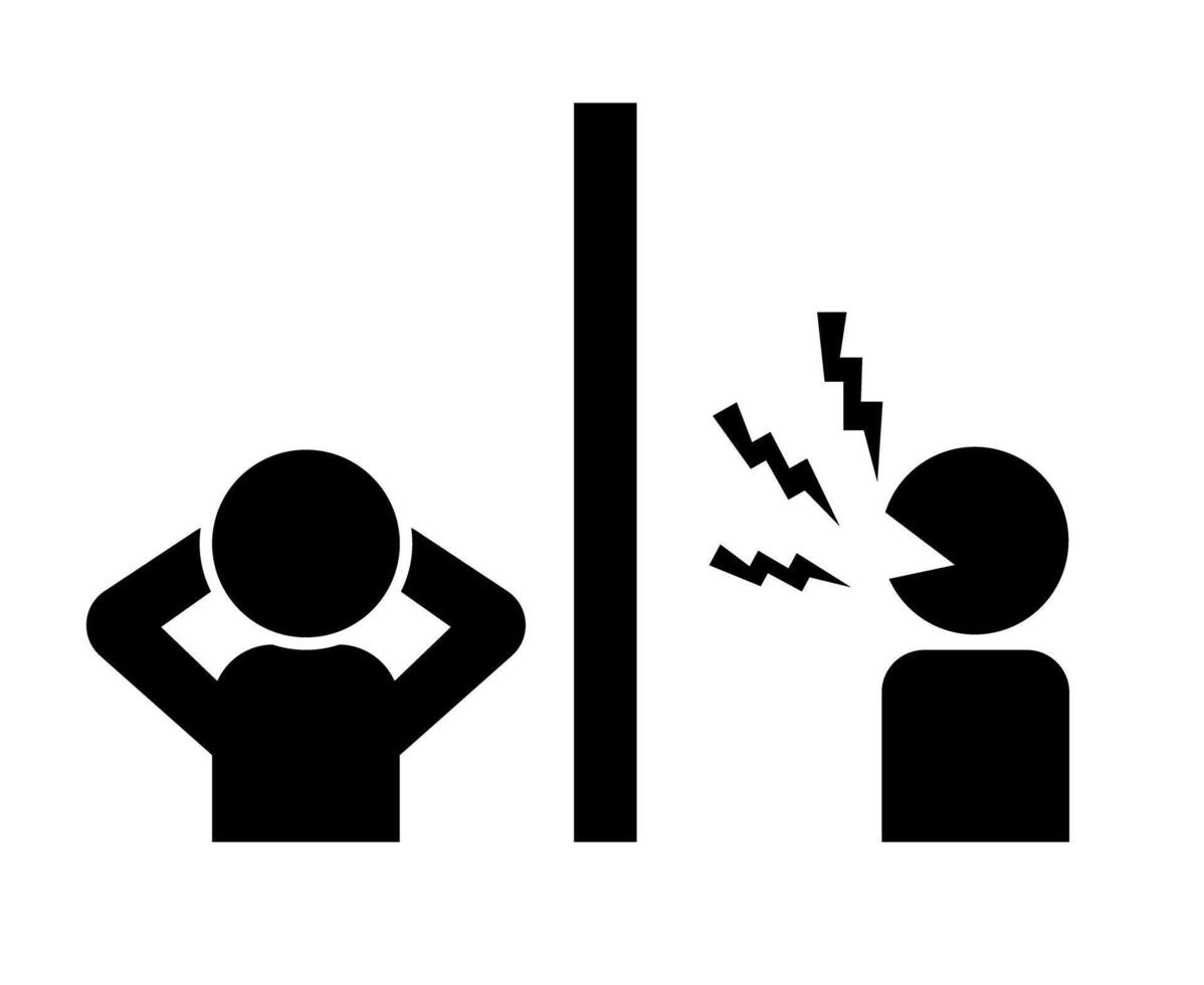 Person suffering from neighbor's noisy voice silhouette icon. vector