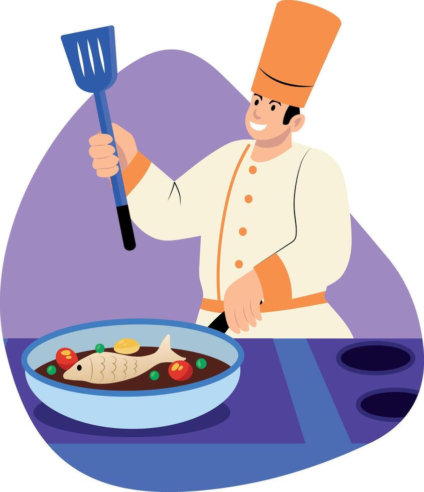 A chef character frying fish in a pan, flat style illustration vector