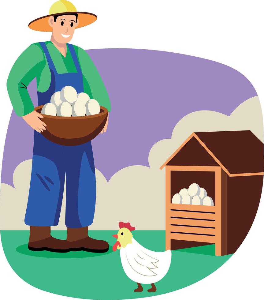 A flat style illustration of egg collector holding egg basket in hands vector