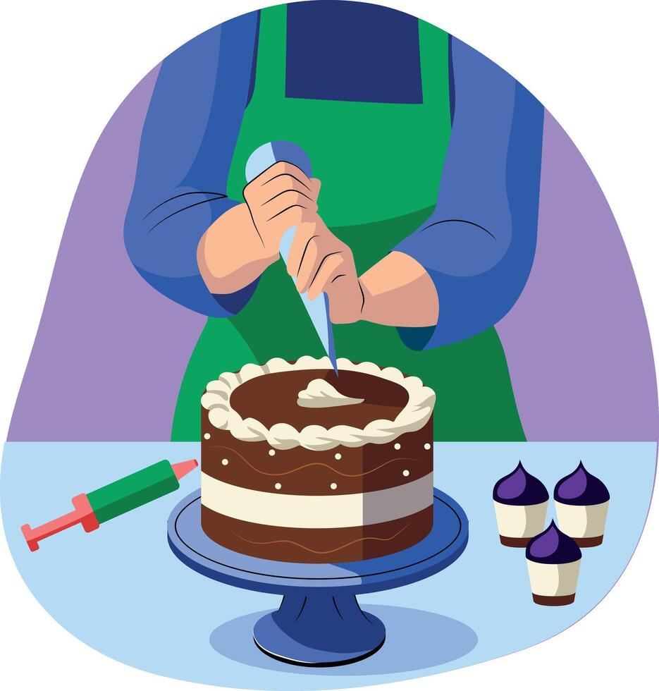 Cake decoration with icing pipe, flat style illustration vector