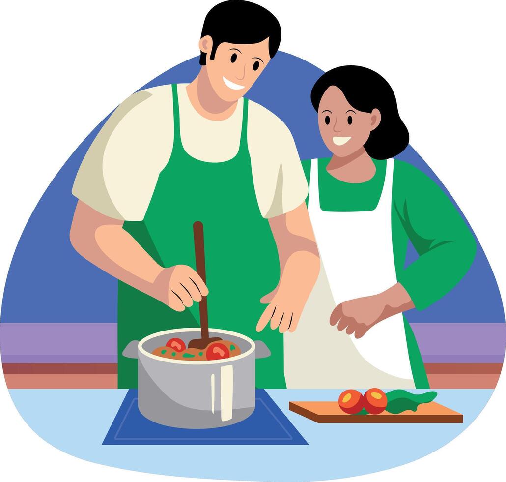 Cute couple cooking in kitchen flat style illustration vector