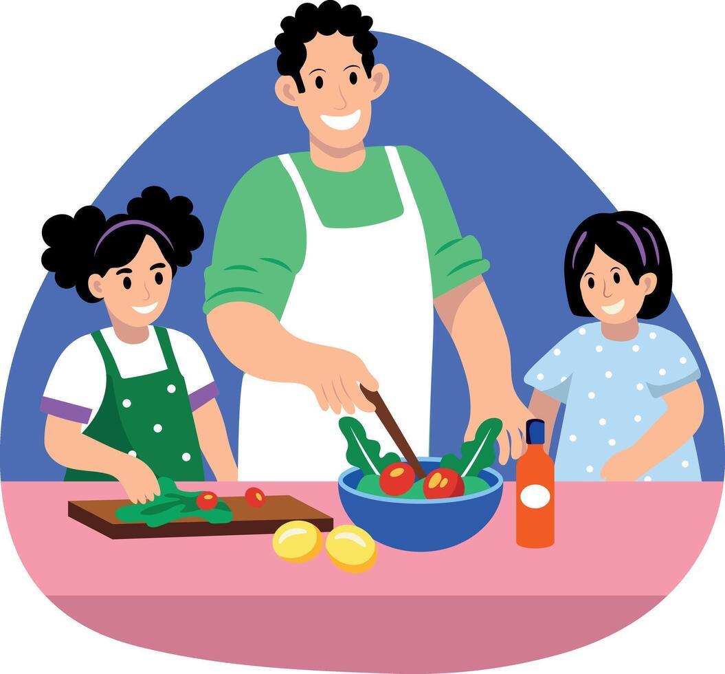 A flat style illustration of a family cooking in the kitchen vector