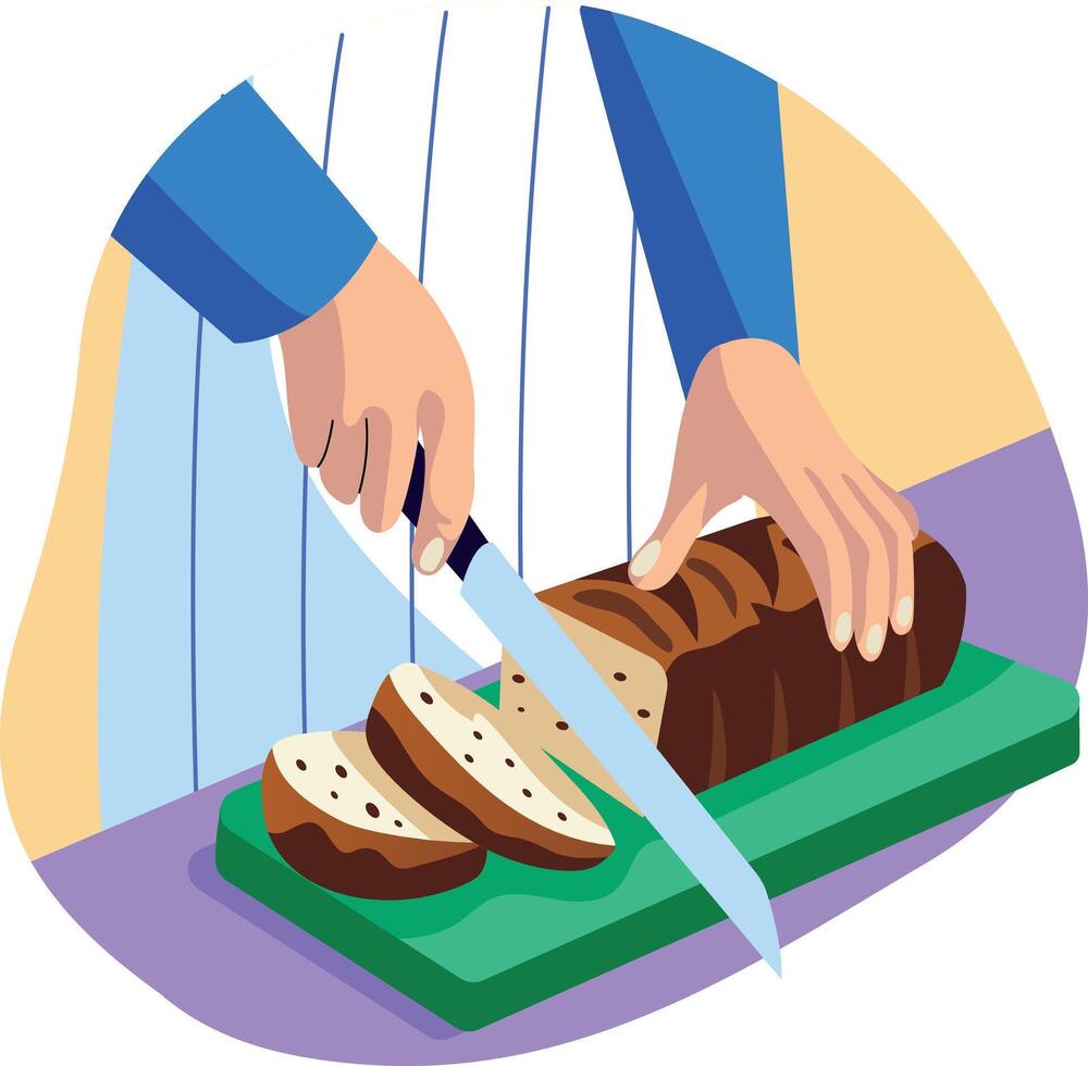Cutting bread slices with knife, flat style illustration vector