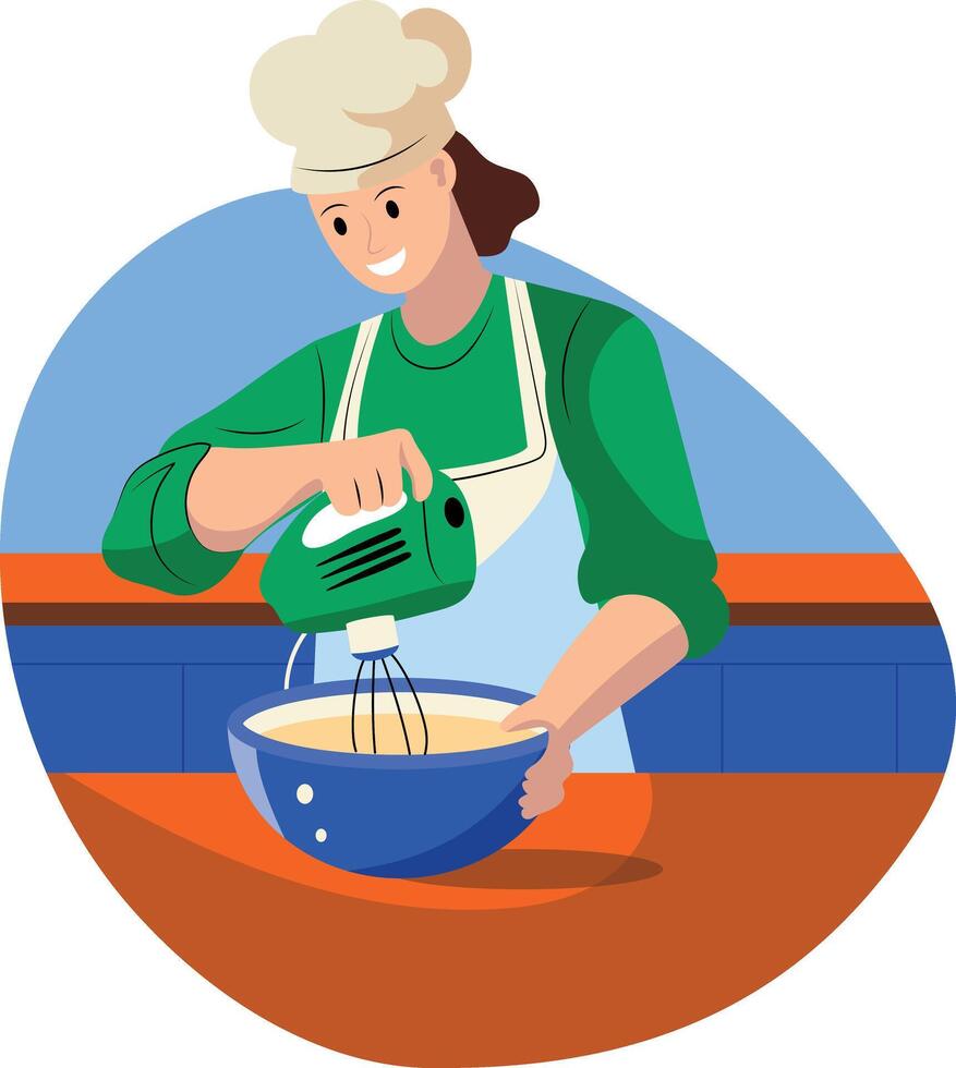 Baking expert mixing the batter with an electric beater, flat style illustration vector