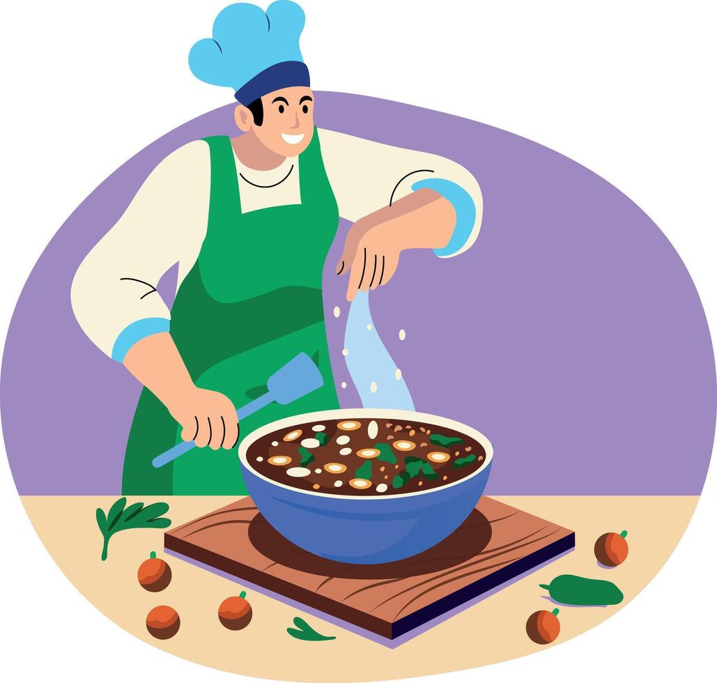 Expert chef making food in the kitchen, flat style illustration vector