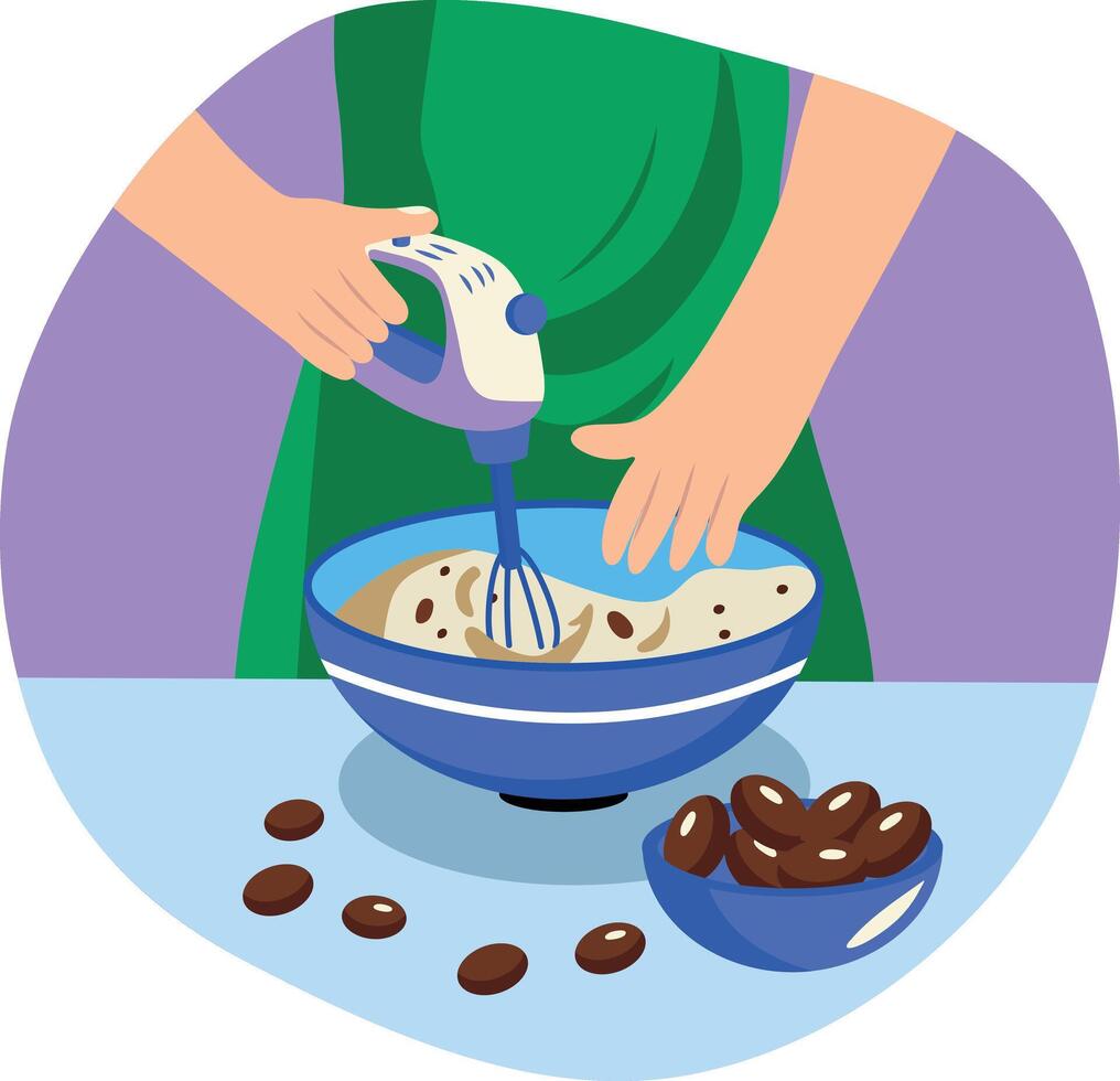 Flat illustration of mixing batter with an electric beater in a mixing bowl vector
