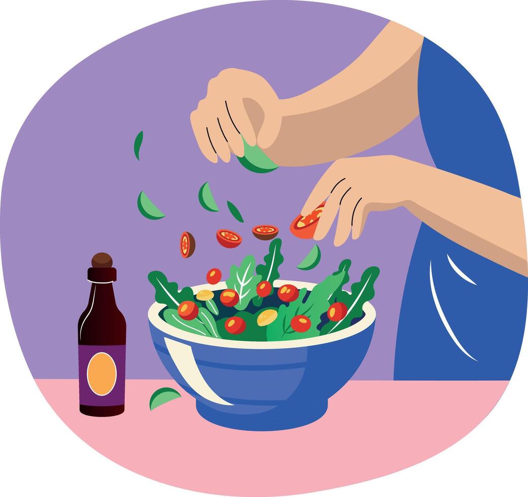 Flat style illustration of adding seasoning into a salad bowl vector