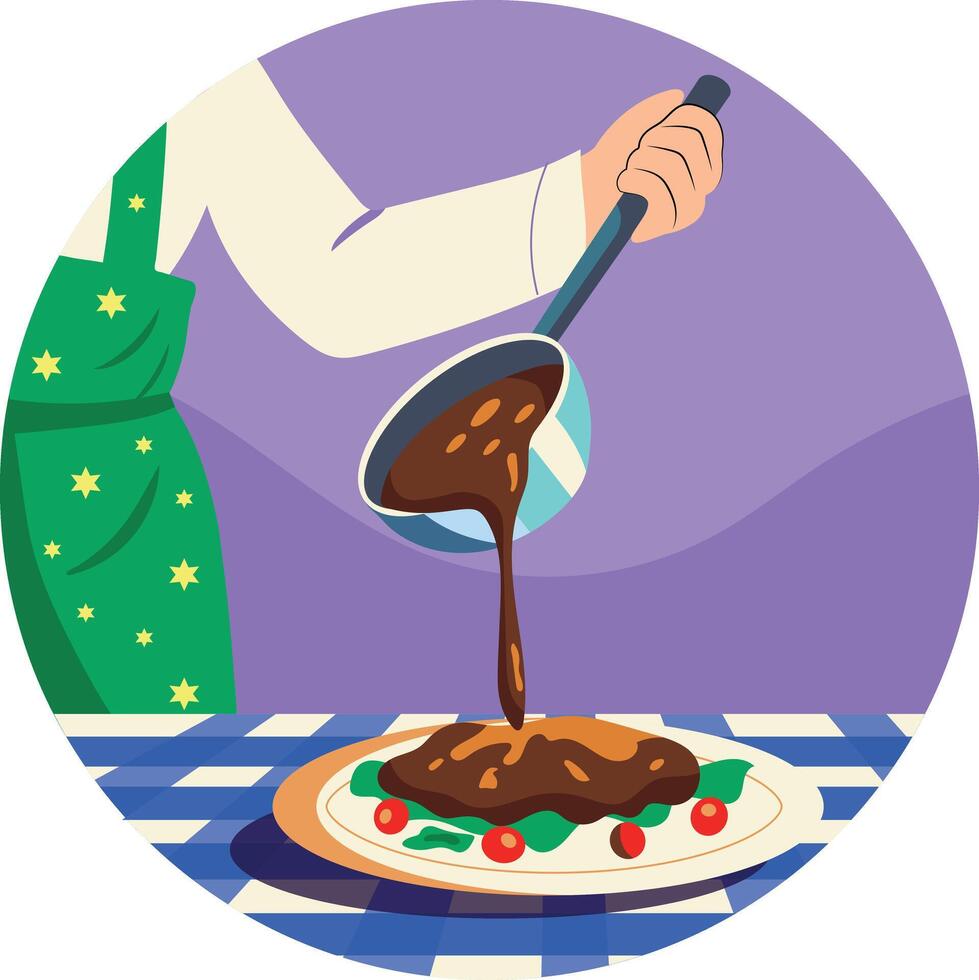A flat style illustration of pouring gravy on food vector