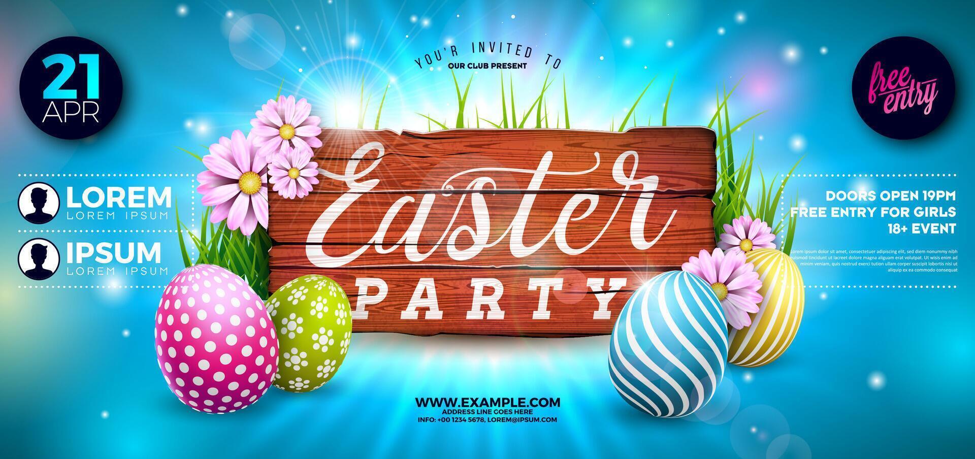 Easter Party Flyer Illustration with Painted Eggs and Typography Lettering on Nature Blue Background. Spring Religious Holiday Celebration Poster Design Template for Banner or Invitation. vector