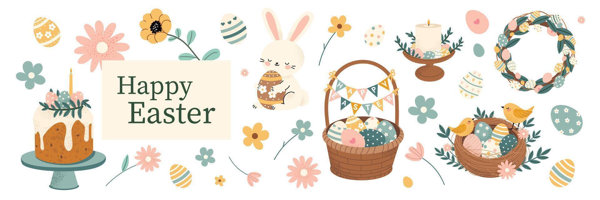 Cute Easter illustration with adorable bunny, festive basket, painted eggs, spring flowers, and holiday decorations. collection in hand drawn style, perfect for greeting cards, posters. vector