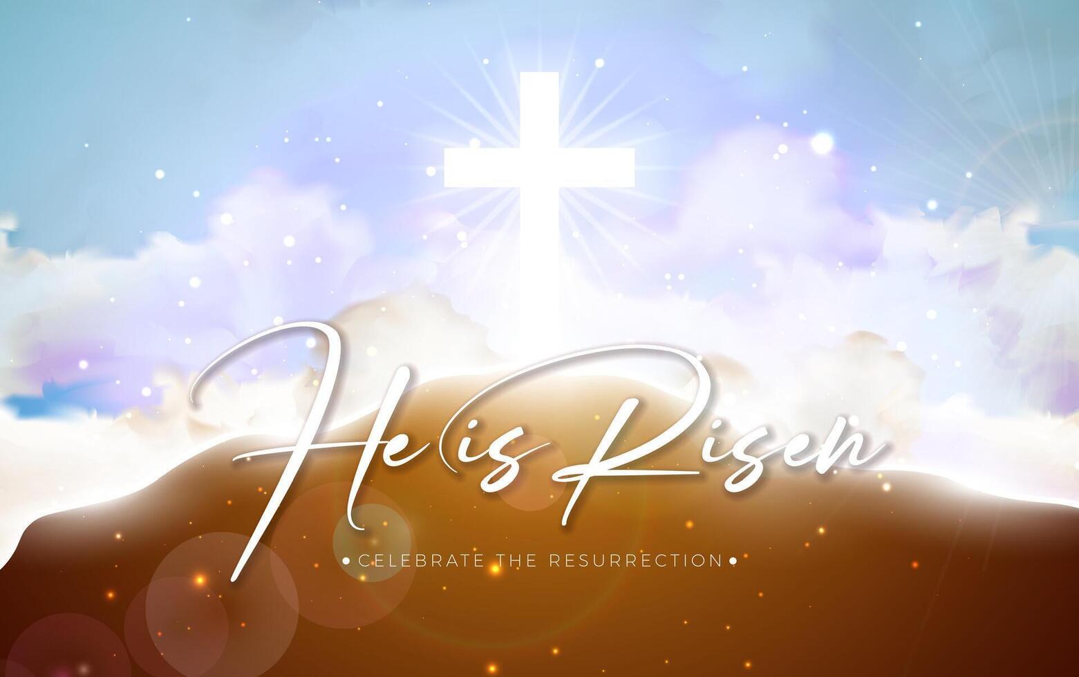 Easter Holiday Illustration with Cloud on Sunny Sky Background. He is Risen. Christian Religious Design for Resurrection Celebrate Theme Poster Template for Banner, Invitation or Greeting Card. vector