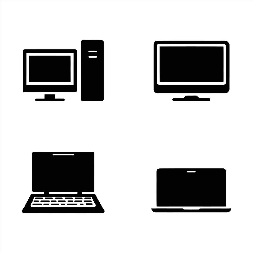 Computer and Laptop Icon Set. Desktop, Monitor, and PC. vector