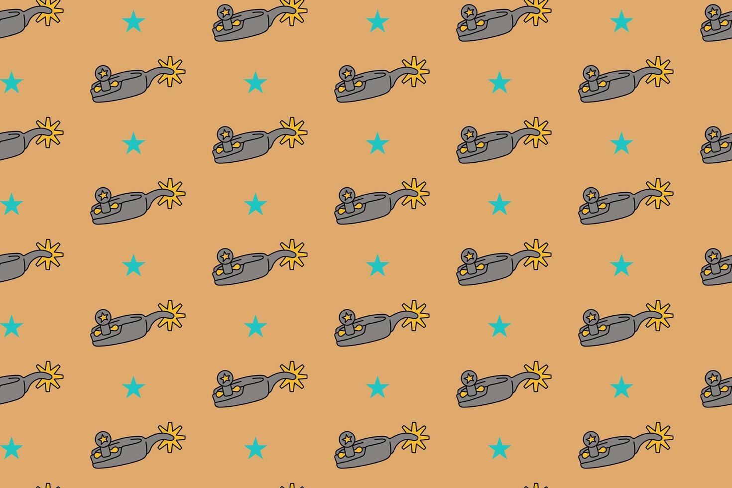 cowboy spurs with star colorful pattern on tan background. doodle steel spurs object seamless pattern background. western iron spurs seamless pattern for rodeo, wild west decor and merchandise vector