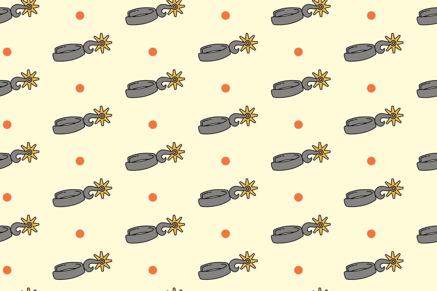 western iron spurs with dot colorful pattern on cream background. doodle steel spur star seamless pattern background. cowboy spurs seamless pattern for rodeo, wild west decor and merchandise vector