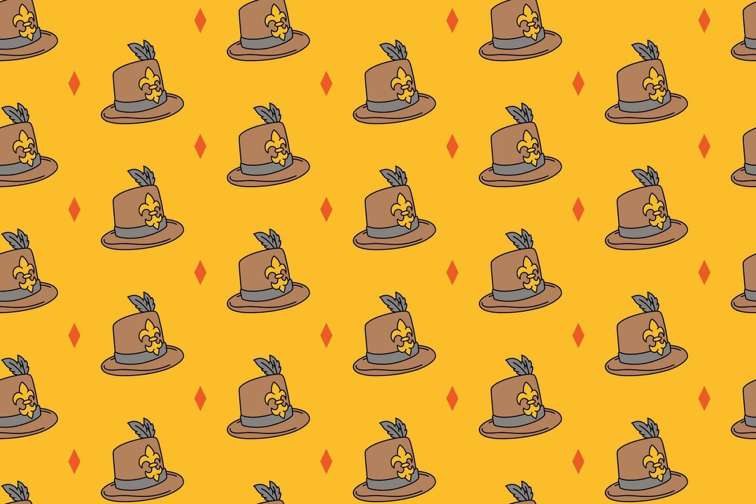 western hat with feather colorful pattern on yellow background. doodle sheriff headgear object symbol seamless pattern background. western cap seamless pattern for rodeo, wild west decor, merchandise vector