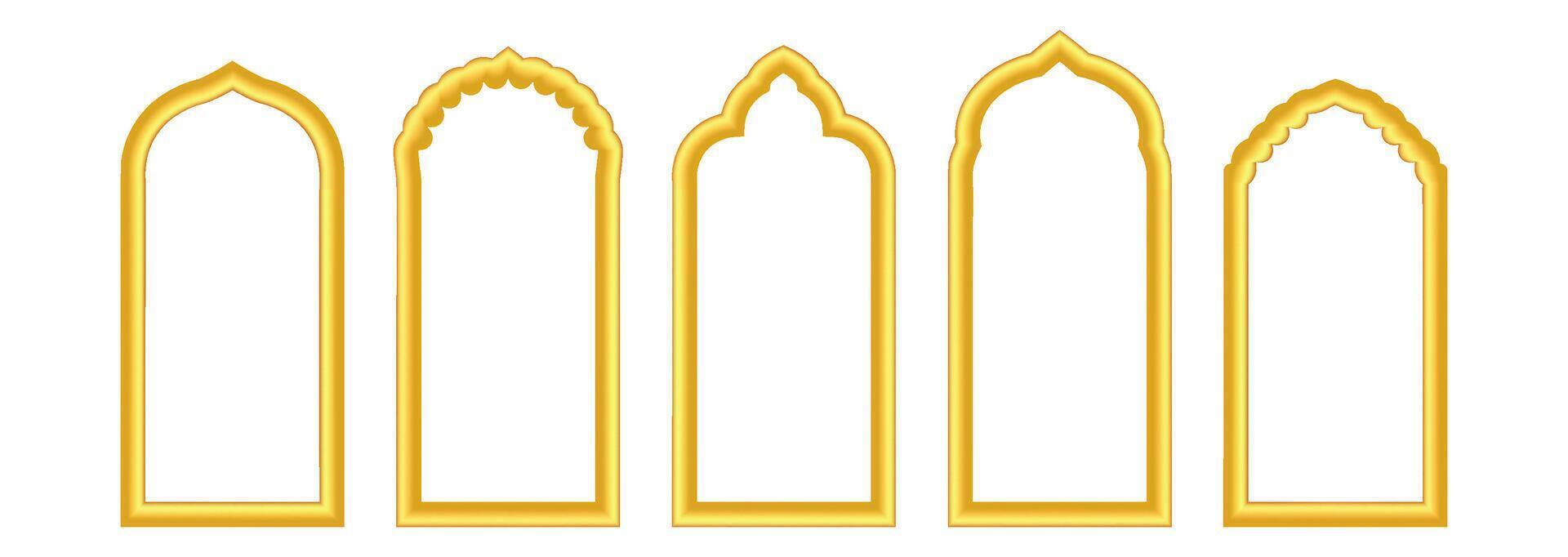 Arabesque arch in 3d gold Ramadan frame. Islamic eid background with golden window shape. Traditional muslim decoration with oriental mosque . Festive kareem label for arabian border design vector