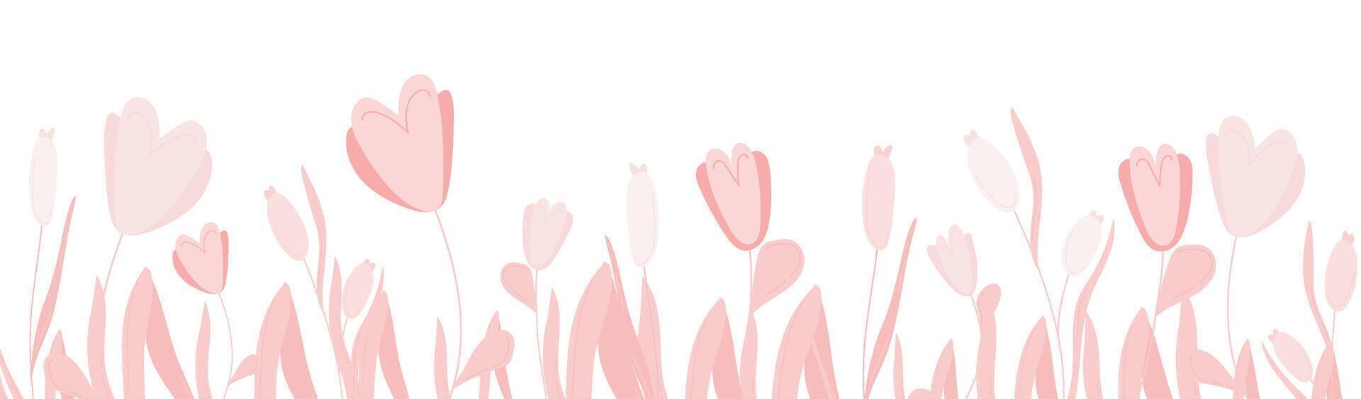 Flower border for spring botanical illustration. Wildflower print with pink tulip bloom and leaf graphic element. Floral design for meadow banner. Blossom decor isolated on white background vector
