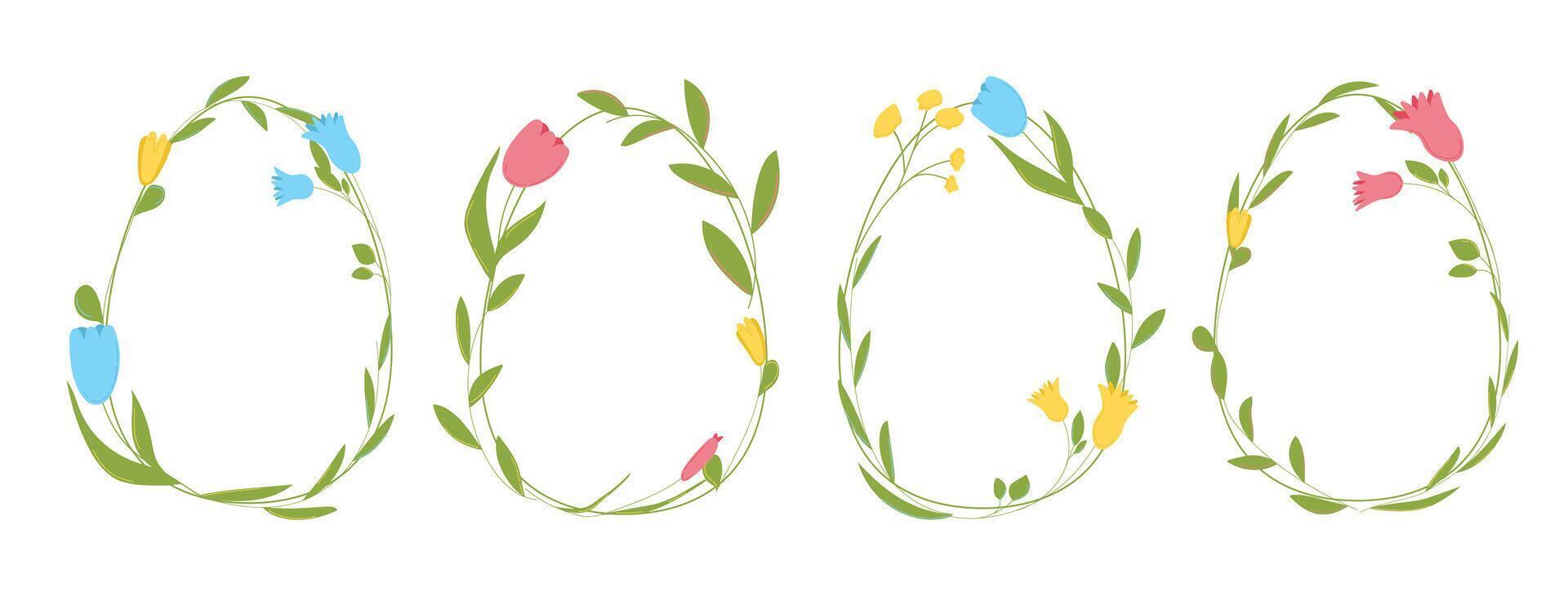Spring Easter card with floral border. Happy illustration with doodle tulip pattern. Green meadow decoration for pastel banner. Modern plant wreath for summer birthday and brunch set vector